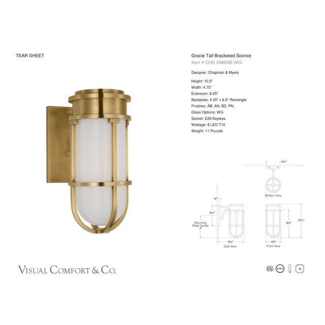Chapman & Myers for Visual Comfort Signature Gracie Tall Bracketed Sconce in Antique-Burnished Brass with White Glass For Sale - Image 9 of 10