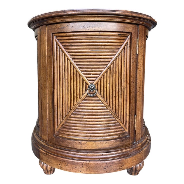 Vintage Lexington Tommy Bahama Cayman Drum Table With Rattan & Louvered Door For Sale