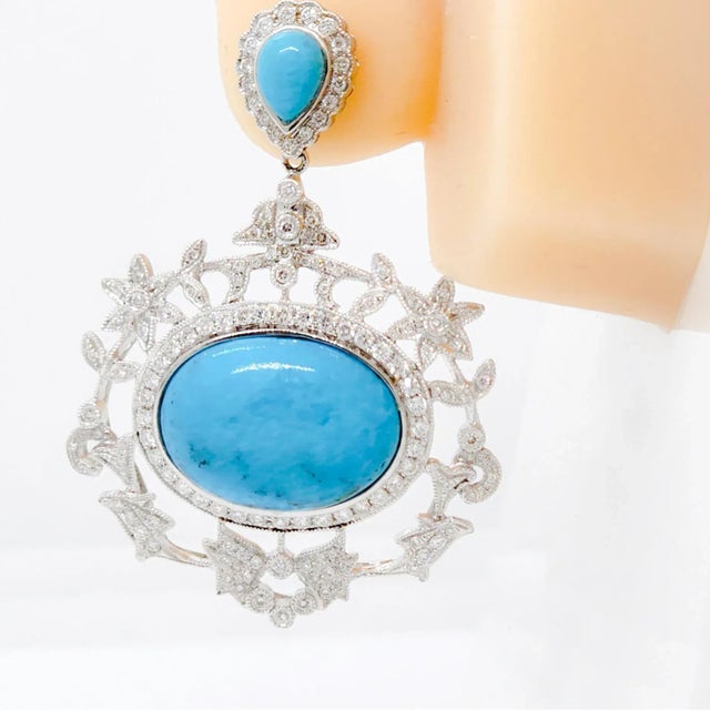 Contemporary Turquoise and White Diamond Dangle Earrings in 18k White Gold - A Pair For Sale - Image 3 of 7
