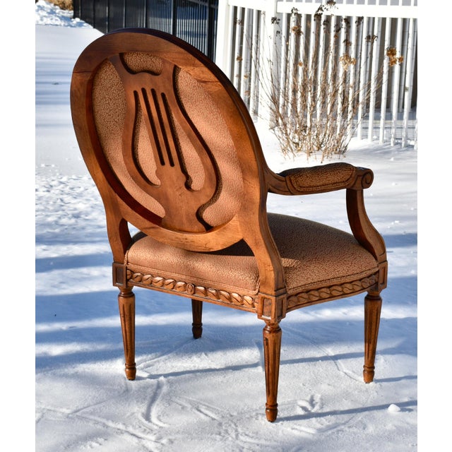 Vintage (1980's) Round Back Arm Chair has a French Style. Made by Fairfield Furniture. The Wood is Fruitwood. Carved Wood....