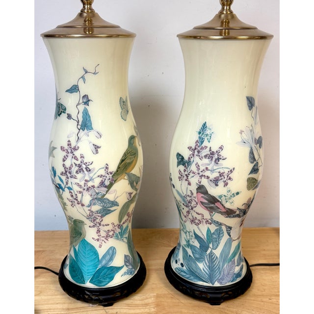 Pair of English Decoupage Yellow-Ground Bird & Botanical Lamps, circa 1970s For Sale - Image 10 of 13