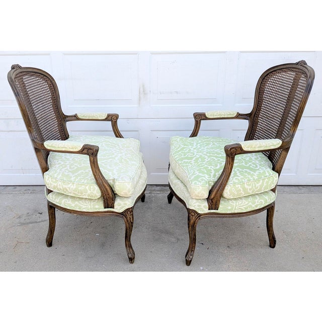 Late 20th Century Pair of Vintage French Louis XV Style Carved Wood & Cane Fauteuil Armchairs For Sale - Image 5 of 7