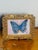 Lovely abstract modern mixed media painting of a Blue Butterfly in vintage ornate gold frame.