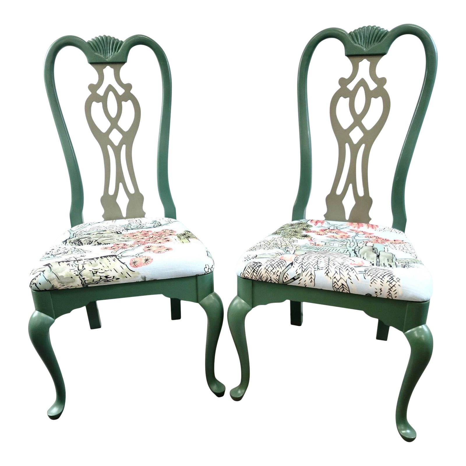 Two Toned Teal Green Chippendale Chinoiserie Dining Chairs in Thibaut’s ...