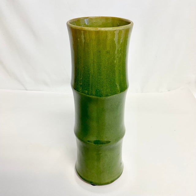Ceramic 1970s Vintage Hollywood Regency Chinoiserie Faux Bamboo Ceramic Vase, Avocado Olive For Sale - Image 7 of 10