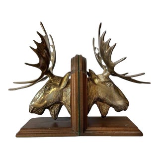 Vintage Adirondack Style Patinated Brass & Wood Moose Bookends- Set of 2 For Sale