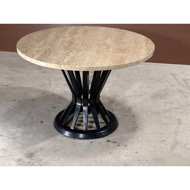 Dunbar Sheaf of Wheat side/end table w/travertine top by Edward Wormley. Original measures 30" diameter 20.25" tall
