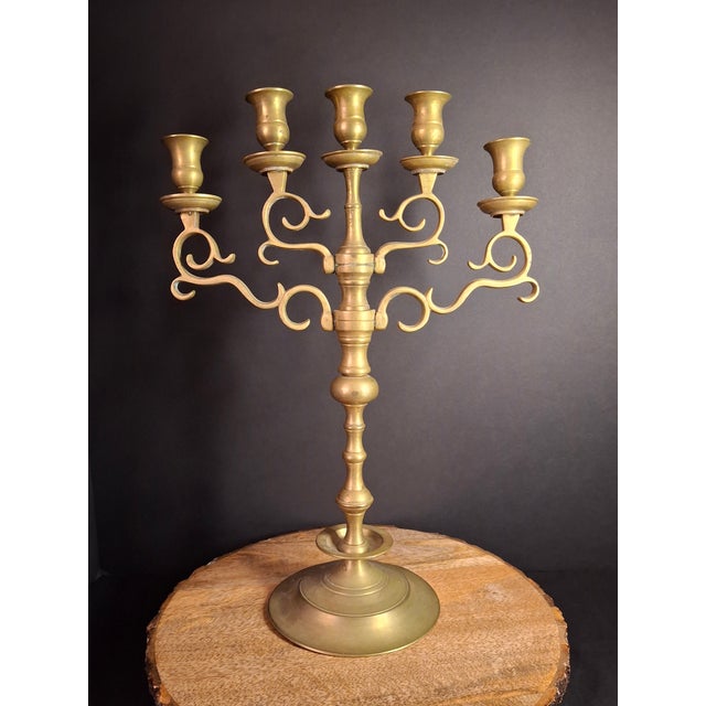 Late 19th Century Antique Polish Brass 5 Light Sabbath Candelabra 19th C Judaica Menorah Candle For Sale - Image 5 of 18