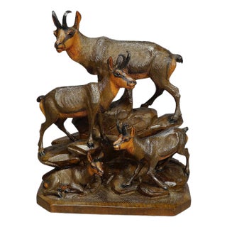 Carved Wood Chamois Family by Ernst Heissl, Ebensee, Austria, 1900s For Sale