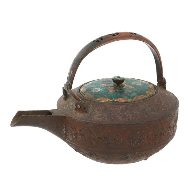 Japanese Antique Early Meiji Japanese Cloisonne Enamel Tea Pot For Sale - Image 3 of 10