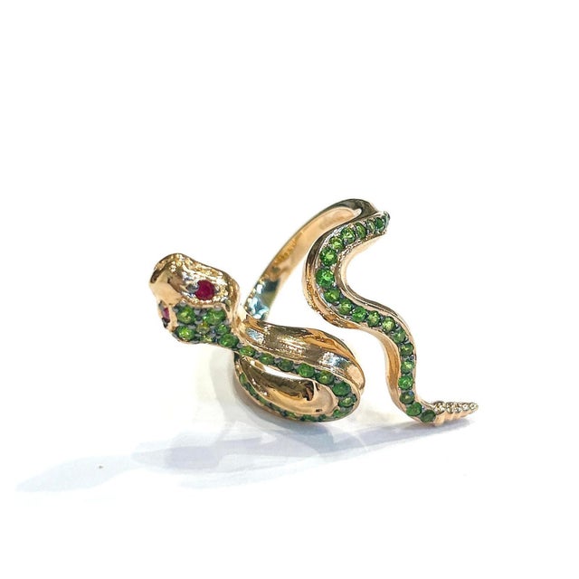 Bochic "Orient" Green Emerald & Red Ruby Serpent Ring In 18K Gold & Silver For Sale - Image 10 of 10