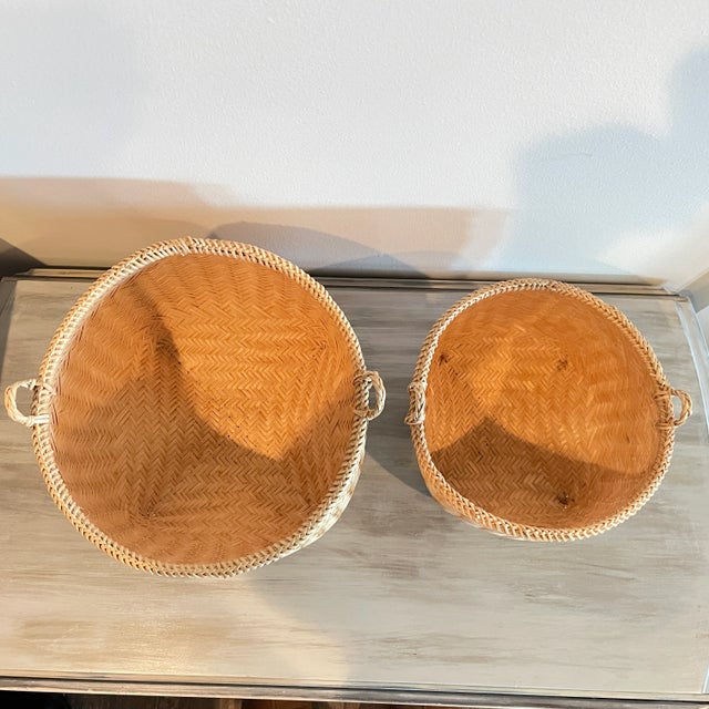 Champagne Vintage Texture Weave Bamboo Stacking Baskets 2 For Sale - Image 8 of 11