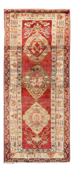 Vintage Turkish Oushak Runner in Red Background With Medallions