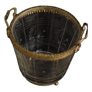 Glass Bowl with Metal Rim and Handles For Sale