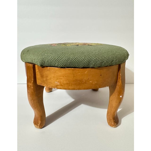 Vintage Mid 20th Century Small Wooden Footstool With Needlepoint Cushion For Sale - Image 4 of 12