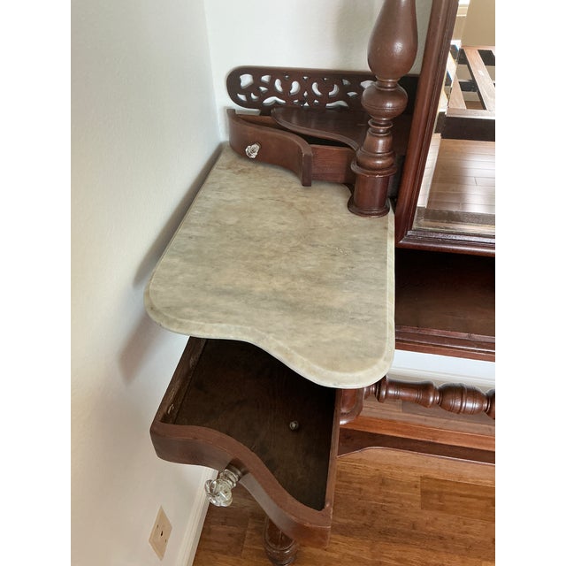 English Antique Anglo-Indian Carved Hardwood Marble Top Vanity Dressing Table For Sale - Image 3 of 17