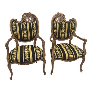 Vintage Medoza Black Gold Versace Velvet Upholstery Chairs - a Pair For Sale