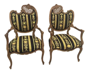 Vintage Medoza Black Gold Versace Velvet Upholstery Chairs - a Pair