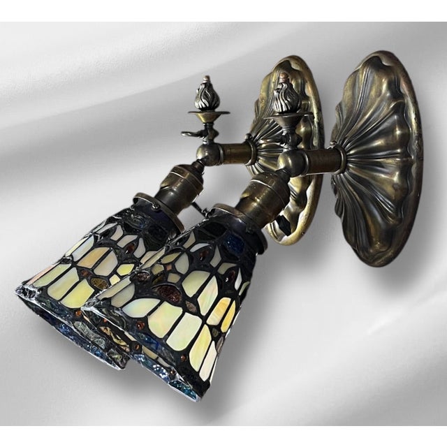 Brass 1920s Brass Beardslee Sconce Set With Leaded Glass Shades - a Pair For Sale - Image 8 of 10
