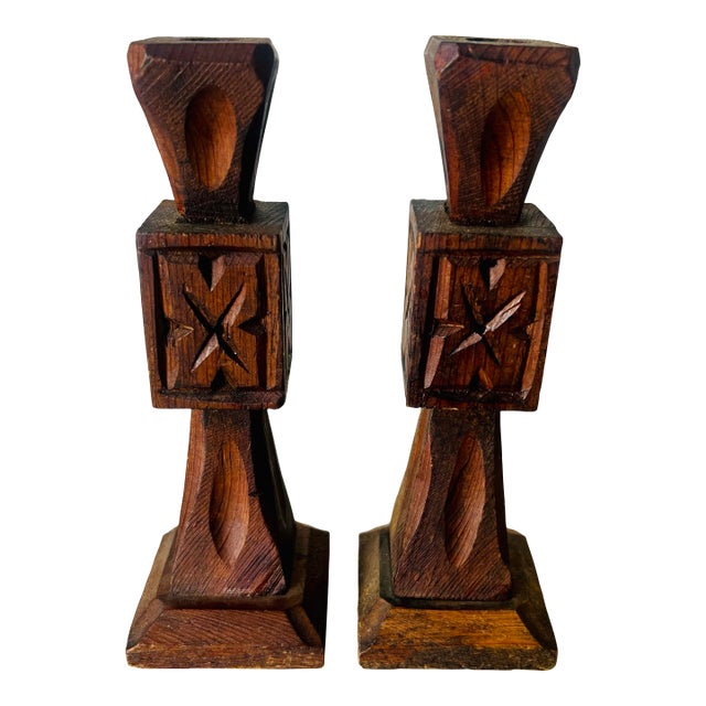 Vintage Carved Wooden Candleholders- a Pair For Sale