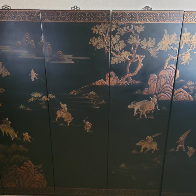 Black Vintage Chinese Set of 6-Panel Wall Hanging Hand-Painted Landscape With Still Life For Sale - Image 8 of 12
