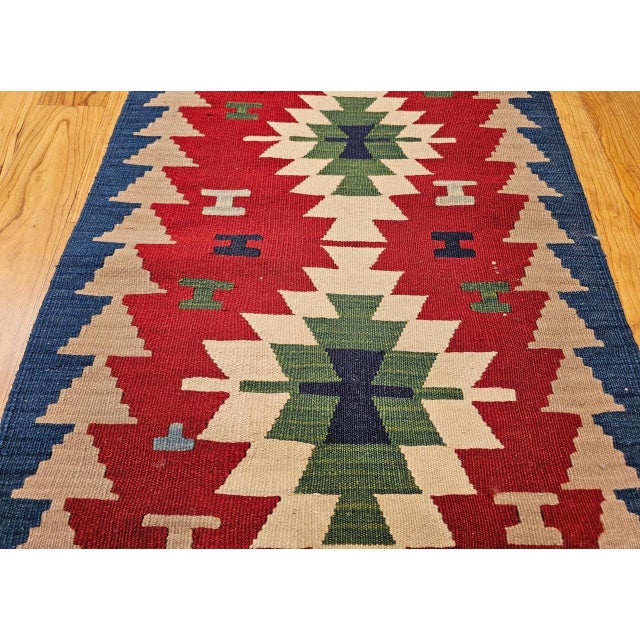Mid 20th Century Vintage Turkish Kilim Area Rug, Handwoven Wool, Geometric Pattern, Red & Ivory, 2x3 For Sale - Image 5 of 11