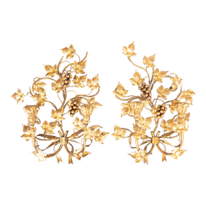 Vintage Italian Gilt Tole Grape Leaf & Bows Candle Sconces - a Pair