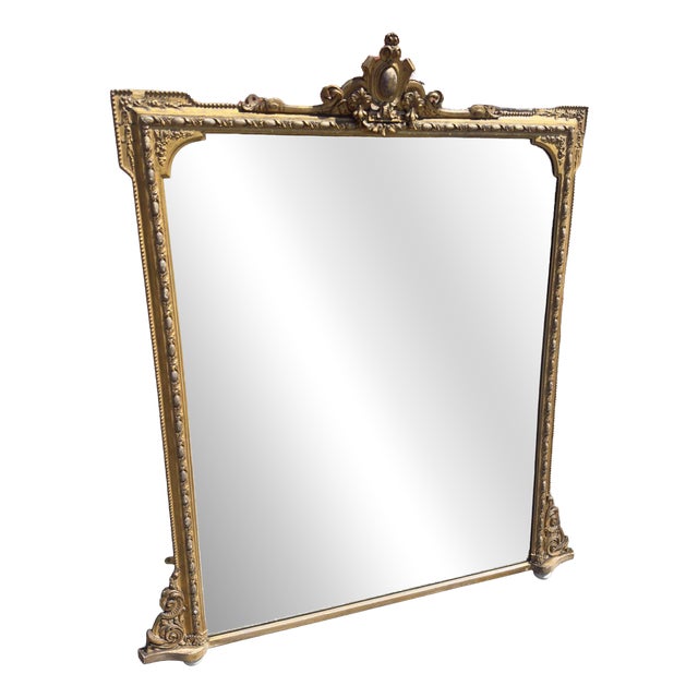 Large Antique English Carved Wood and Gesso Gilt Overmantle Mirror, 1800s For Sale