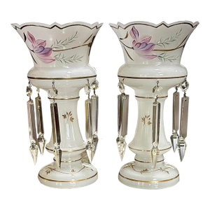 Pair of Bristol Luster Victorian Lamps, With Lead-Cut Crystal Spear Drops, Circa 1880, Votive / Candle Holders