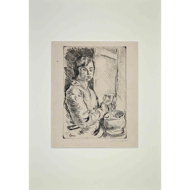 Portrait is an original print realized by Mino Maccari in Mid-20th Century. Beautiful black and white etching on ivory-...