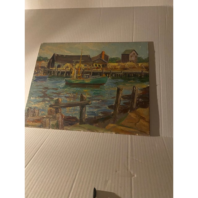 Coastal Vintage Signed Maritime Habor Oil Painting Harbor Scene With a Boat For Sale - Image 3 of 12