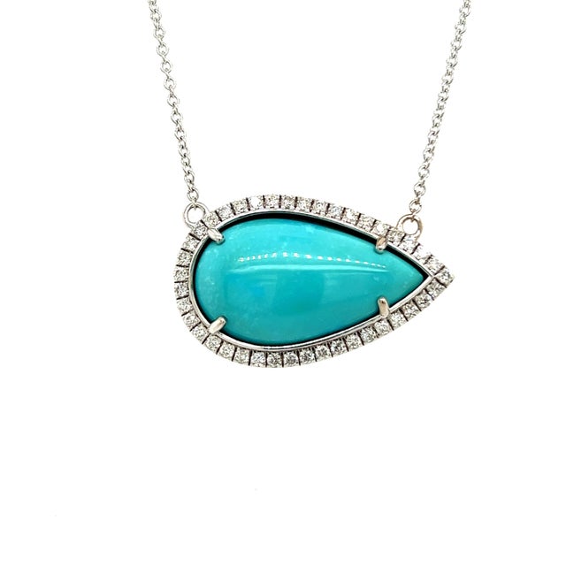 Persian Persian Turquoise Diamond Halo Pendant With Chain 14k WG Certified For Sale - Image 3 of 8