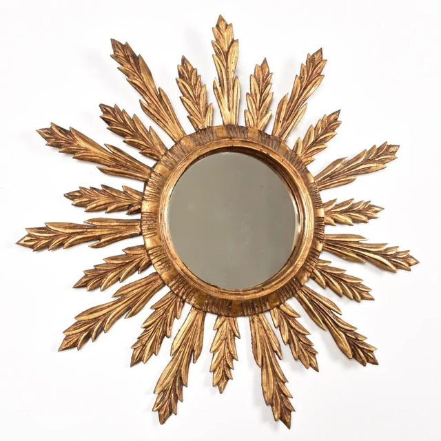 Mid-Century French Modern Gilded Wood Sunburst Wall Mirror, 1950s For Sale - Image 3 of 13