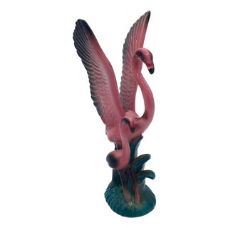 1950s Mid Century Modern Open Wing Mother & Child Pink Flamingo Ceramic Tabletop Statue by Leftons For Sale