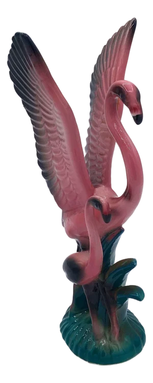 1950s Mid Century Modern Open Wing Mother & Child Pink Flamingo Ceramic Tabletop Statue by Leftons