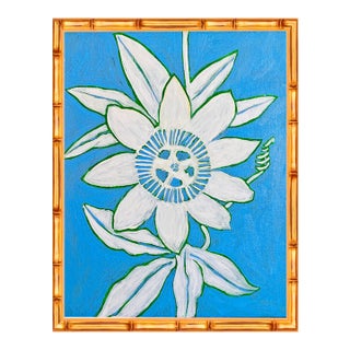 Original Passion Flower Painting in Gold Bamboo Frame, Oil Sticks on Canvas, 11" X 14" by Tatiana Duperault For Sale