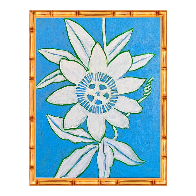 Original Passion Flower Painting in Gold Bamboo Frame, Oil Sticks on Canvas, 11" X 14" by Tatiana Duperault For Sale