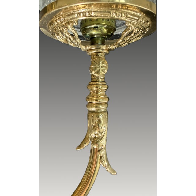 Vintage Brass 2-Up 2-Down Chandelier, Etched Glass Shades, Victorian Revival Lighting Fixture For Sale - Image 11 of 18