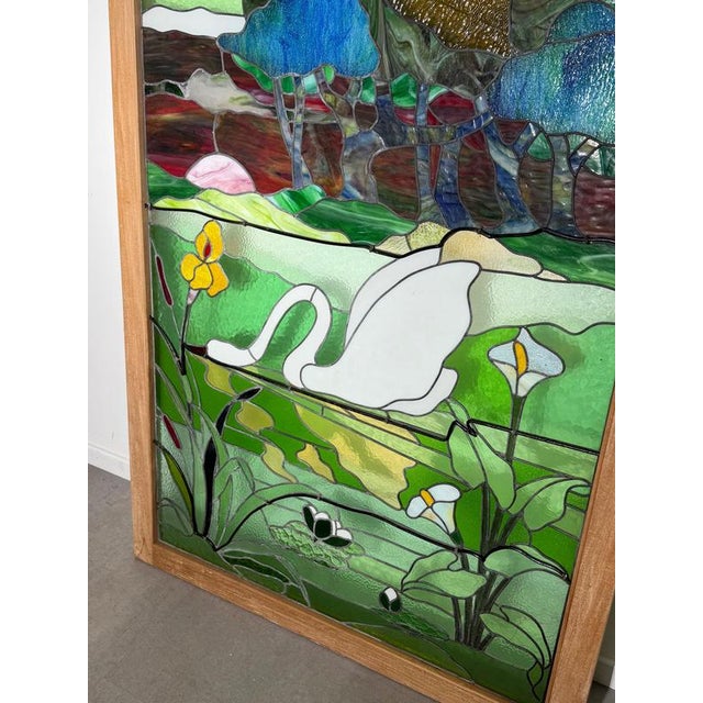 Large Stained Glass Panel with Swan Landscape For Sale - Image 5 of 7