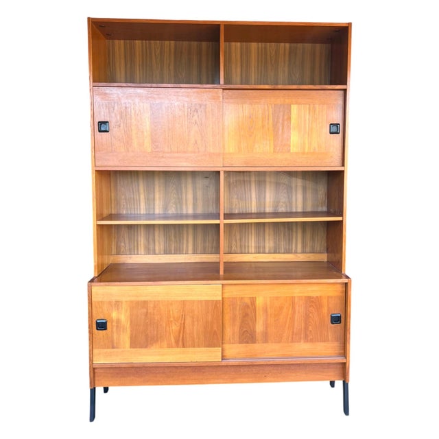 Mid-Century Modern Restored 1960s Danish Modern Teak Bookcase – Sliding Doors & Open Display Shelves For Sale - Image 3 of 16