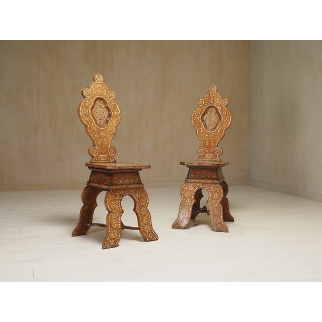 Wood Antique North Italian Geometric Sgabello Hall Chairs, 1800s, Set of 2 For Sale - Image 7 of 13