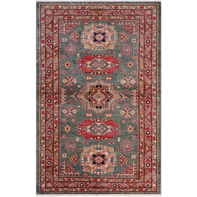 Southwestern Super Kazak Green/Red Wool Rug - 4'2'' X 5'11'' For Sale - Image 10 of 10