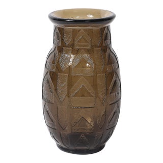 Art Deco Signed Daum Acid-Etched Smoked Glass Vase W/ Geometric Motif For Sale