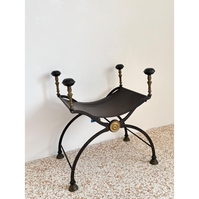 Vintage Wrought Iron, Brass and Leather Stool, 1920s For Sale - Image 12 of 12
