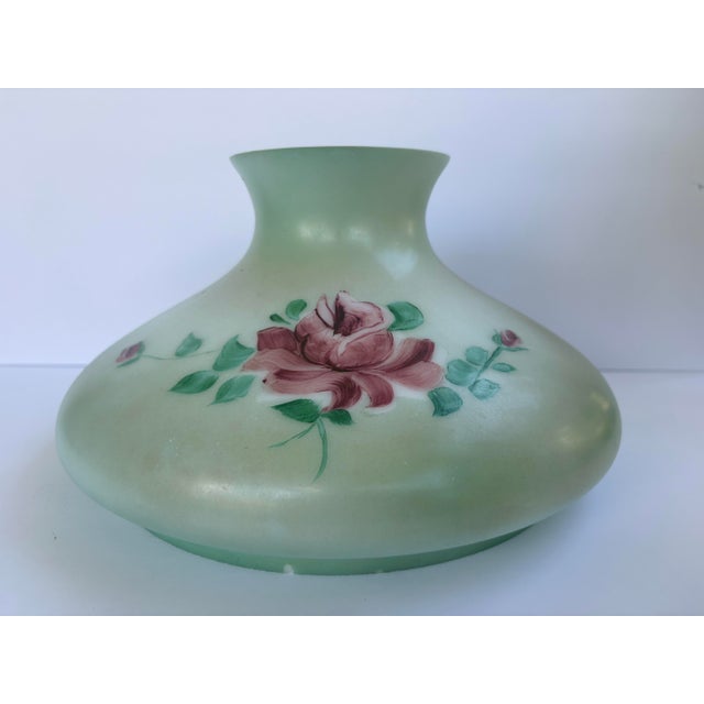 Mid 20th Century Mid-20th Century Hand-Painted Rose Floral Green Glass Lamp Shade For Sale - Image 5 of 12