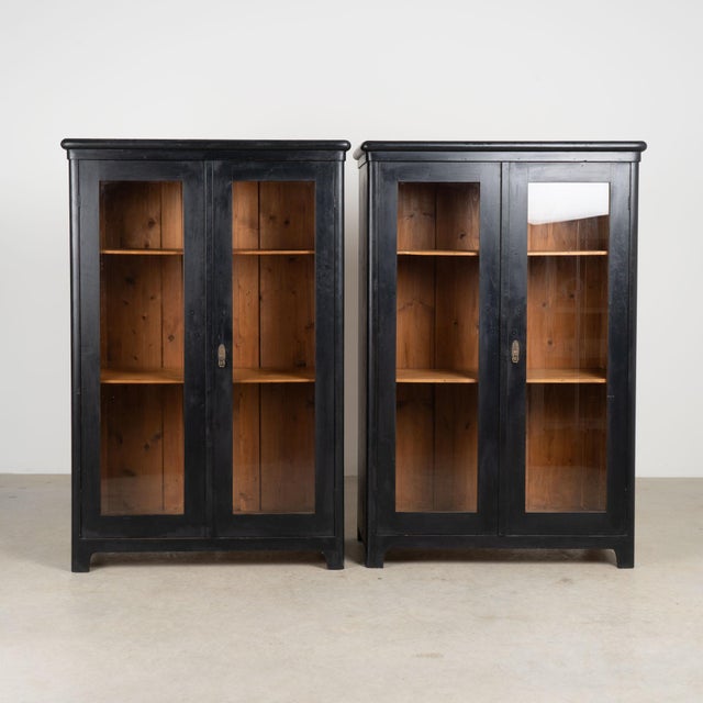 Farmhouse Pair of 20th Century Black Painted Pine Bookcase Display Cabinets For Sale - Image 3 of 11
