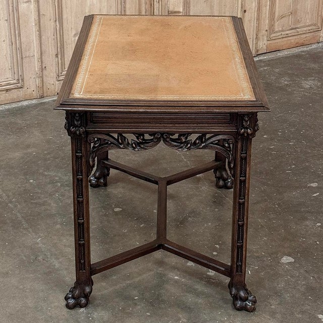 19th Century French Gothic Walnut Writing Desk With Leather Top For Sale - Image 11 of 18