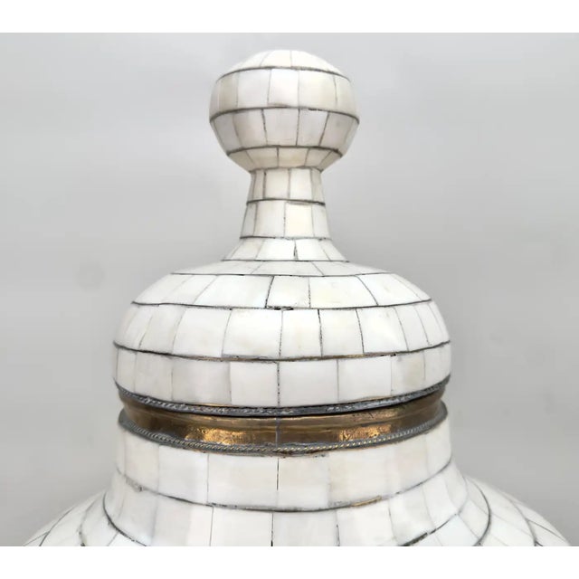 1940s Mid-Century Off-White Mosaic Natural Bone With Brass Inlay Urn or Vase For Sale - Image 5 of 12