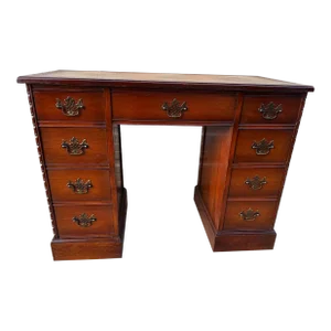 Antique George III Chippendale Double Pedestal Mahogany Tooled Leather Top Small Desk.