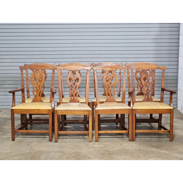 Mid 20th Century Set of 8 Stickley Chippendale Solid Cherry Dining Chairs Leather Seats Made Usa For Sale - Image 5 of 15
